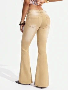 Jeanoix Women's Casual Daily Denim Flare Leg Pants With Pockets And Buttons - Khaki - View 2
