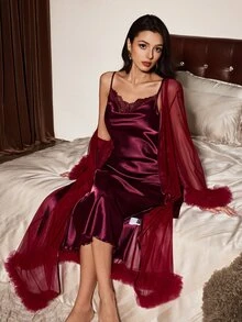 Slumberist Purple Mesh Robe With Faux Silk Long Nightgown, Lace Trim Neckline, Layered Mesh Cuffs And Hem, Mature Women's Sleepwear Set - Red Violet - View 3
