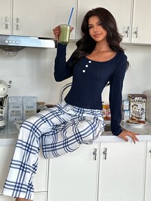 ZzzCrew Women's Navy Blue Fleece Ribbed Bubble Crinkle Plaid Print Pants Casual Pajama Set - Navy Blue - View 1