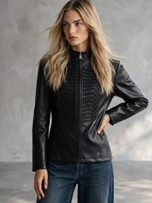 Trelyra European And American Style Autumn/Winter New Fashion Versatile PU Leather Elegant Commuter Metal Zipper & Embroidery Decor Design Leather Jacket - Black - View 8