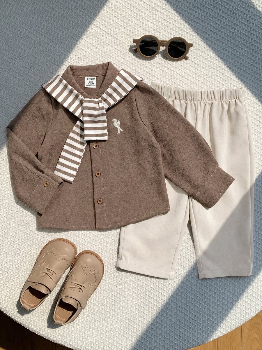 3pcs/Set Baby Boy Gentleman Style Embroidered Button-Up Shirt With Small Stand Collar, Striped Shawl And Straight Leg Pants Outfit, Suitable For Winter - Brown - View 1