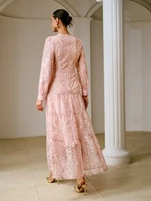 ZEYLAH 女款V領鈕扣設計優雅刺繡長袖洋裝 - 粉色 - 查看 8