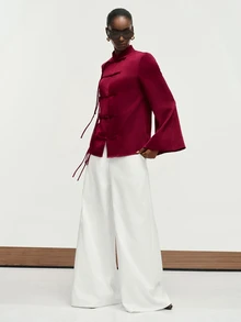 Aveloria Modichic Light Luxury Burgundy Acetate Satin New Chinese Style Jacket, Handmade One-Character Frog Button & Tassel Design, Stand Collar, Long Sleeve, Tang Suit, Daily, Banquet, Commute, National Style Top - Burgundy - View 3