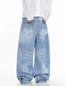 QuarKem American Washed Spray Distressed 3D Crinkled Cat Whisker Design Men's Loose Casual Versatile Denim Jeans - Blue - View 2