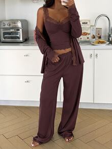 ZzzCrew Ribbed & Lace Trim Camisole Top + Long Pants + Cardigan Pajama Set - Brown - View 3
