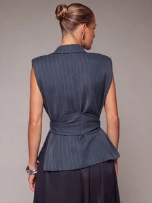 Hauture Striped Blazer This Top Is Defined By Its Unconventional SleVest Top A Wrapped Sleeve Extension - Navy Blue - View 2