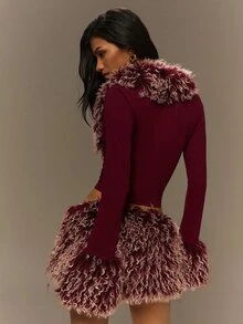 TypaGal Fall Winter Y2k Halloween Christmas Sexy Going Out Luxury Formal Rave Club Vacation Red Women's Vintage Street Style Faux Fur Patchwork Top - Burgundy - View 2