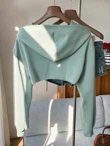 SHEIN EZwear 抽繩細節超短版連帽衛衣－黑白配色，秋冬長袖上衣 - 薄荷綠 - 查看 2