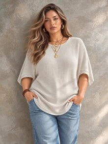 Ceyna Plus Size Women Solid Color Round Neck Batwing Short Sleeve Casual Knit Top - Apricot - View 5