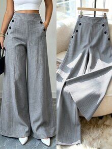 Elenzga Women's Fashionable Commuter Wide Leg Pants - Light Grey - View 6