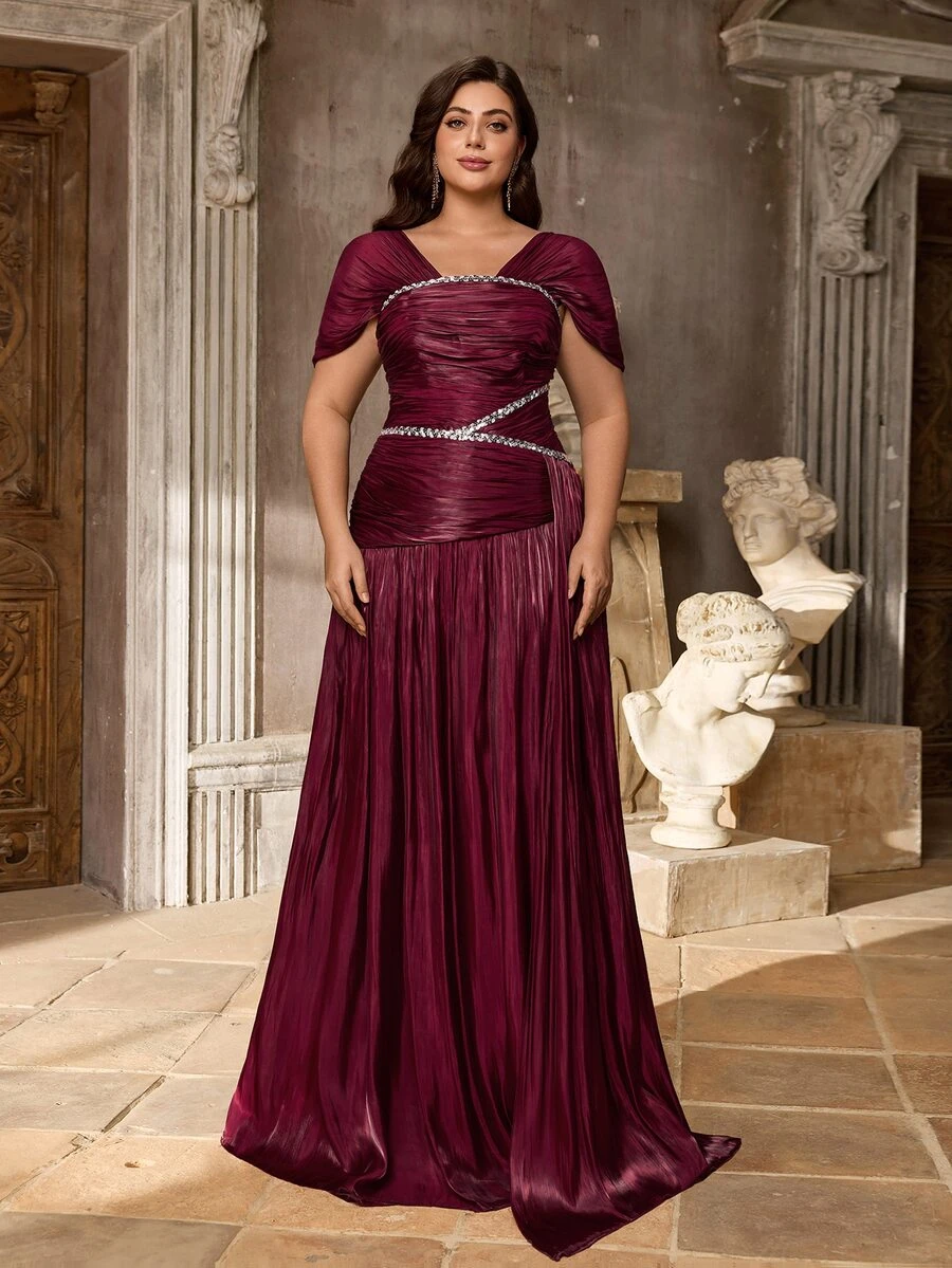 Elitara Plus Size Elegant Romantic Glamorous Navy Blue Off Shoulder Handmade Rhinestone Chain Patchwork Ruched A-Line Evening Gown, Suitable For Evening Party, Date, Ball, Vacation, Wedding Event, Guest Dress - Red - View 1