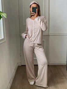DAZY 2pcs Striped V-Neck Loose Long Sleeve Straight Leg Long Pajama Pants Set Women's Sleepwear - Red - View 4