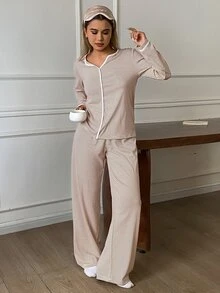 DAZY 2pcs Striped V-Neck Loose Long Sleeve Straight Leg Long Pajama Pants Set Women's Sleepwear - Red - View 1