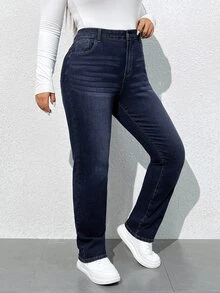 SHEIN ICON Plus Size High Waist Water Wash Jeans - Dark Wash - View 3