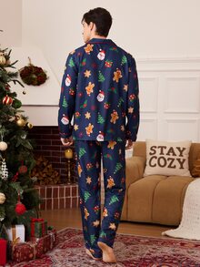 CoupledUp Vintage Santa Claus Gingerbread Man Snowflake Print Boys' Collared Long Sleeve Pajamas Loose Fit Loungewear - Blue - View 4