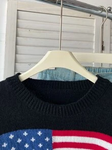 SHEIN 青少年女孩旗幟圖案休閒日常長袖針織衫 - 黑色 - 查看 4
