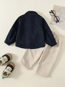 SHEIN 男嬰 2件組秋冬休閒可愛棕色燈芯絨襯衫套裝，嬰兒冬季套裝，聖誕節 - 彩色 - 查看 2