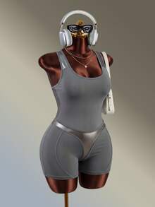 Amplova Women's Plus Size Grey Plain PU Fabric Patchwork Tank Top Backless Jumpsuit - Grey - View 5