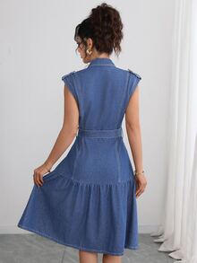 Elenzga Women's Loose Elegant Commute Casual Denim Dress - Blue - View 2