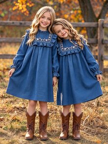 SHEIN Christmas Party Dress Tween Girls' Brown Gentle Style Minimalist Floral Print Long Sleeve Pullover - Blue - View 1