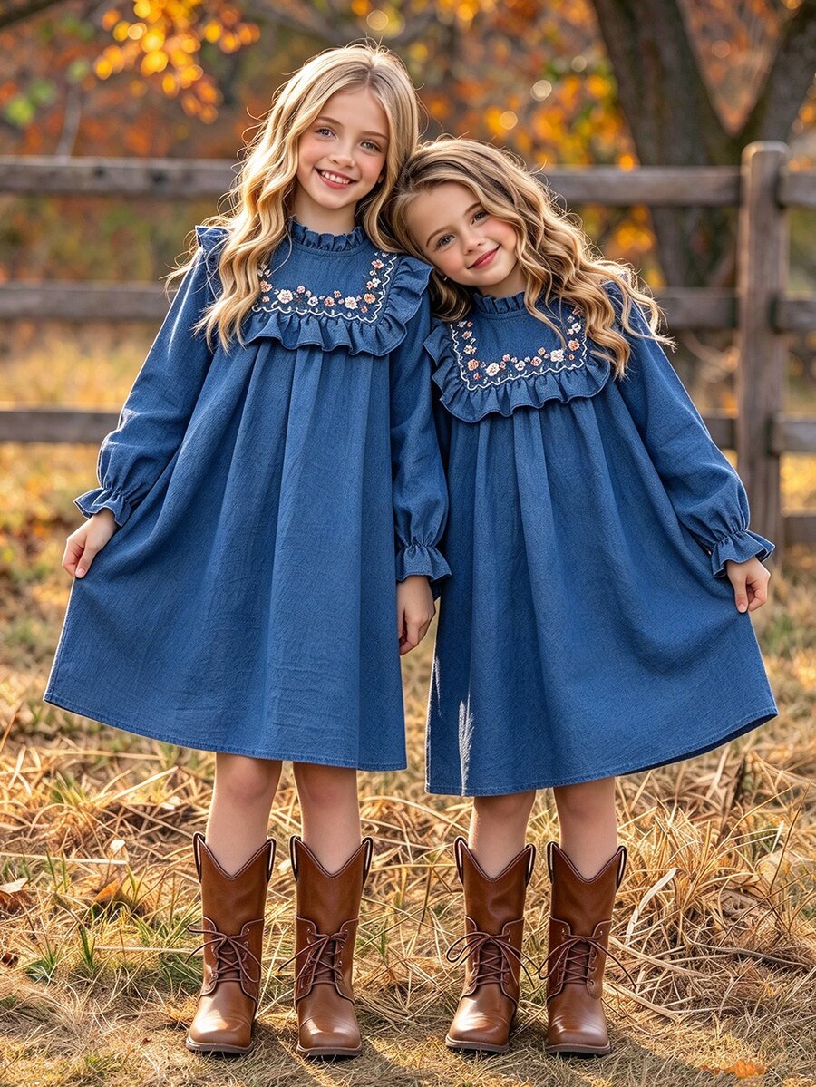 SHEIN Christmas Party Dress Tween Girls' Brown Gentle Style Minimalist Floral Print Long Sleeve Pullover - Blue - View 1
