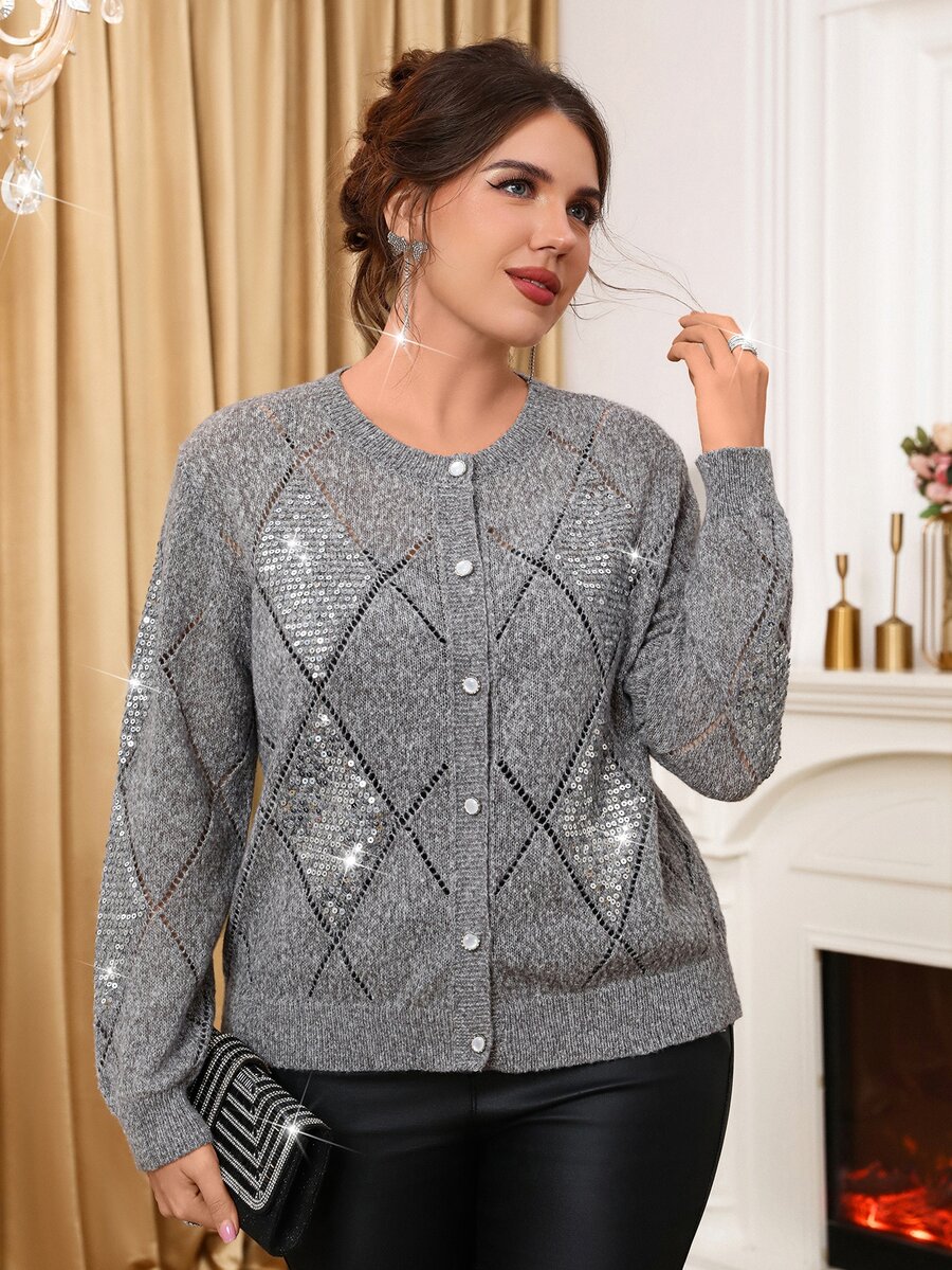 Miaspire Women's Plus Size Single-Breasted Casual Everyday Cardigan Winter Sparkly Top Party Top Elegant Gray Cardigan Sweater - Dark Grey - View 1