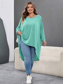 SHEIN CURVE+ 大尺碼寬鬆蝙蝠袖不對稱下擺女款圓領純色彈性舒適休閒夏季上衣，適合秋冬 - 薄荷綠 - 查看 8