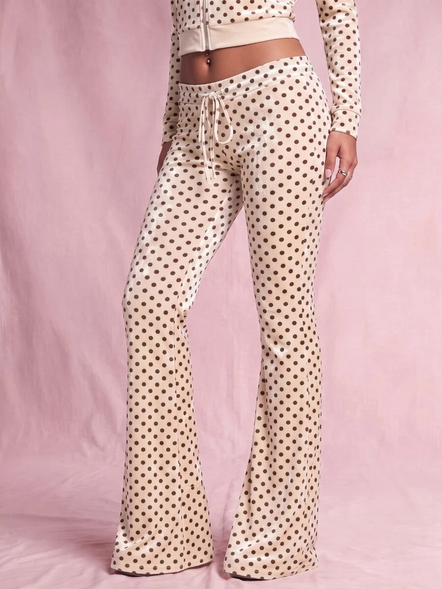 Nooralise Women's Casual Polka Dot Print Velvet Flare Pants - Apricot - View 1