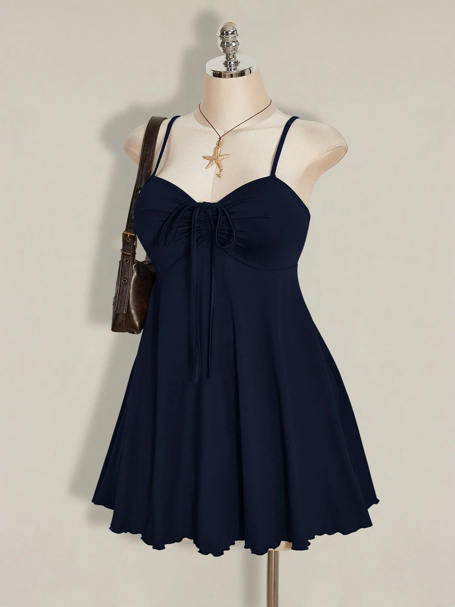 SHEIN ICON 女款大尺碼春夏復古可愛商務休閒性感簡約日常度假通勤時尚Y2K前胸抓褶抹胸黑色洋裝 - 藏蓝色 - 查看 1
