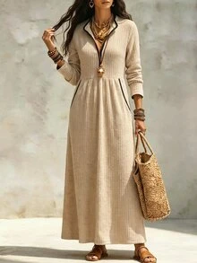 Zayélia Women Contrast Trim VNeck Ribbed Knit Maxi Dress, Long Sleeve High Waist Pleated Modest Long Dress With Pockets - Multicolor - View 3