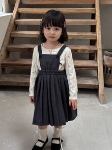 DAZY Infant/Toddler (Girl) Solid Color Pleated Casual Korean Style Layered Dress - Grey - View 3