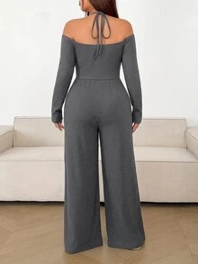 Sunnyshic Plus Size Freela Women's Solid Color Cold Shoulder Pleated Wide Leg Casual Jumpsuit - Black - View 2