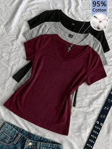 SHEIN EZwear 3件組女款春夏V領修身T恤，龐克次文化動漫純色基礎款V領短袖修身T恤 - 彩色 - 查看 1