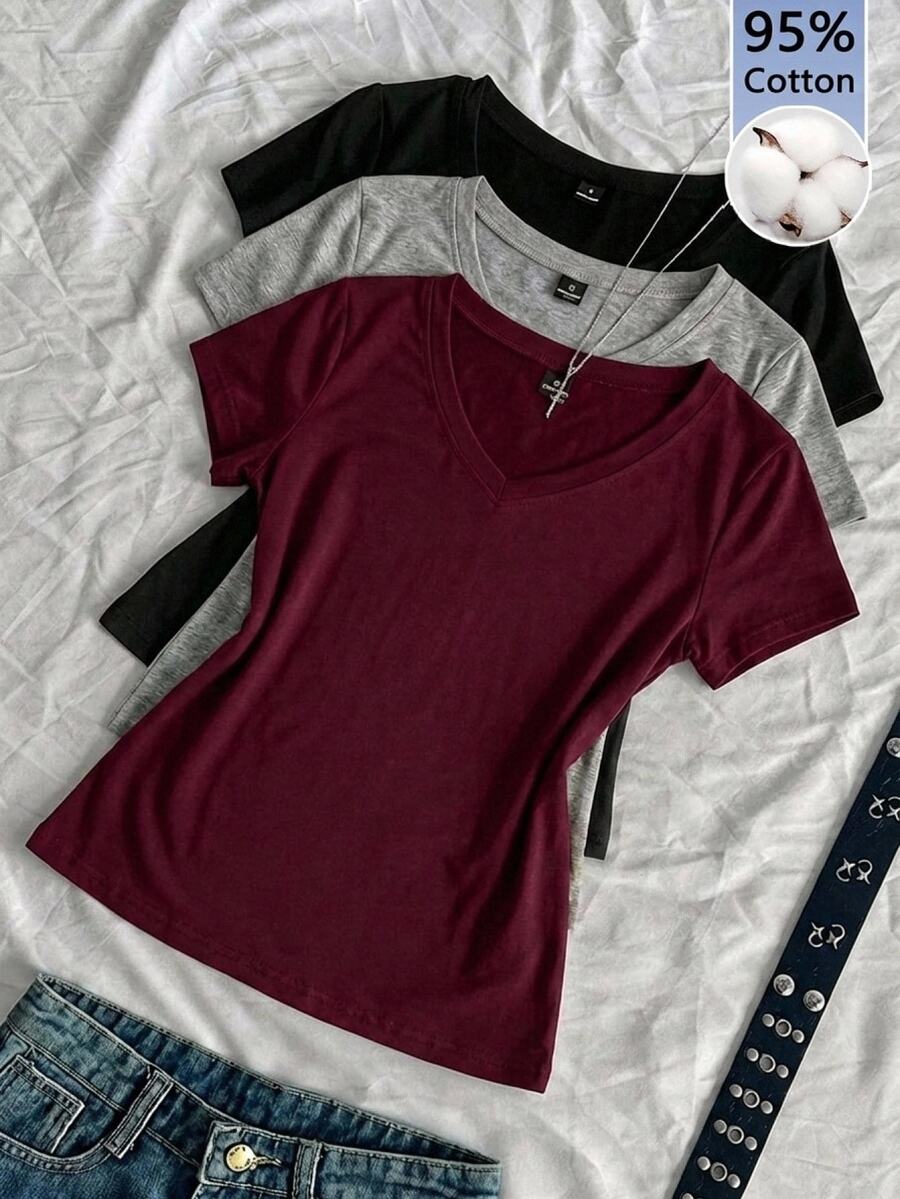 SHEIN EZwear 3件組女款春夏V領修身T恤,龐克次文化動漫純色基礎款V領短袖修身T恤 - 彩色 - 查看 1