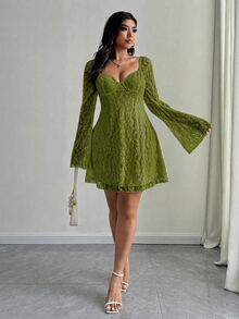 SHEIN Unity 大尺碼優雅白色蕾絲喇叭袖洋裝，秋季女款婚禮雞尾酒會約會晚裝 - 綠色 - 查看 6