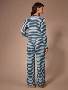 Lazeform Women's Casual Knitted Striped Long Sleeve Pants Bow Decor Loungewear Pajama Set - Multicolor - View 3