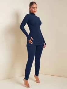 SHEIN SXY 秋季女裝 2 件式純色立領長袖上衣與長褲保暖抓絨套裝 運動休閒居家服 棕色 - 藏蓝色 - 查看 4