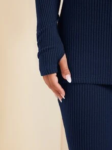 SHEIN SXY 秋季女裝 2 件式純色立領長袖上衣與長褲保暖抓絨套裝 運動休閒居家服 棕色 - 藏蓝色 - 查看 7