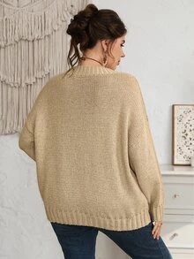 EMERY ROSE Plus Size Women's Floral Print Casual Everyday Long Sleeve Sweater ,Winter Outfit For Women - Khaki - View 2