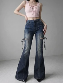 FRIFUL Quần jean denim nữ thường ngày phong cách casual có túi, cúc và thiết kế mài rách - Màu xanh lam - Xem 6