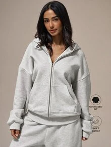 MUSERA ESSENTIALS 黑色重磅抓絨落肩全開襟連帽外套 居家休閒基礎款 日常必備 - 灰色 - 查看 1