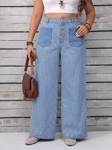 Selenza Plus Size Designer Button Striped Colorblock Loose Fit Denim Jeans - Blue - View 4