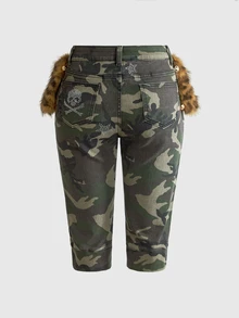 ROMWE Hippie Vintage Leopard & Floral Print Y2K Slim Fit Denim Mid-Length Pants - Green - View 3