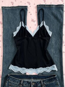 Sunspun Plus Size Summer Elegant Contrast Color Lace Trim Slit Cami Camisole - Multicolor - View 2