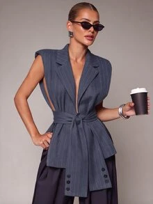 Hauture Striped Blazer This Top Is Defined By Its Unconventional SleVest Top A Wrapped Sleeve Extension - Navy Blue - View 1