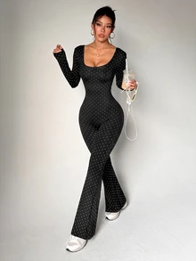 SHEIN Dewbera Women's Polka Dot Print Long Sleeve Flare Leg Jumpsuit - Black - View 1