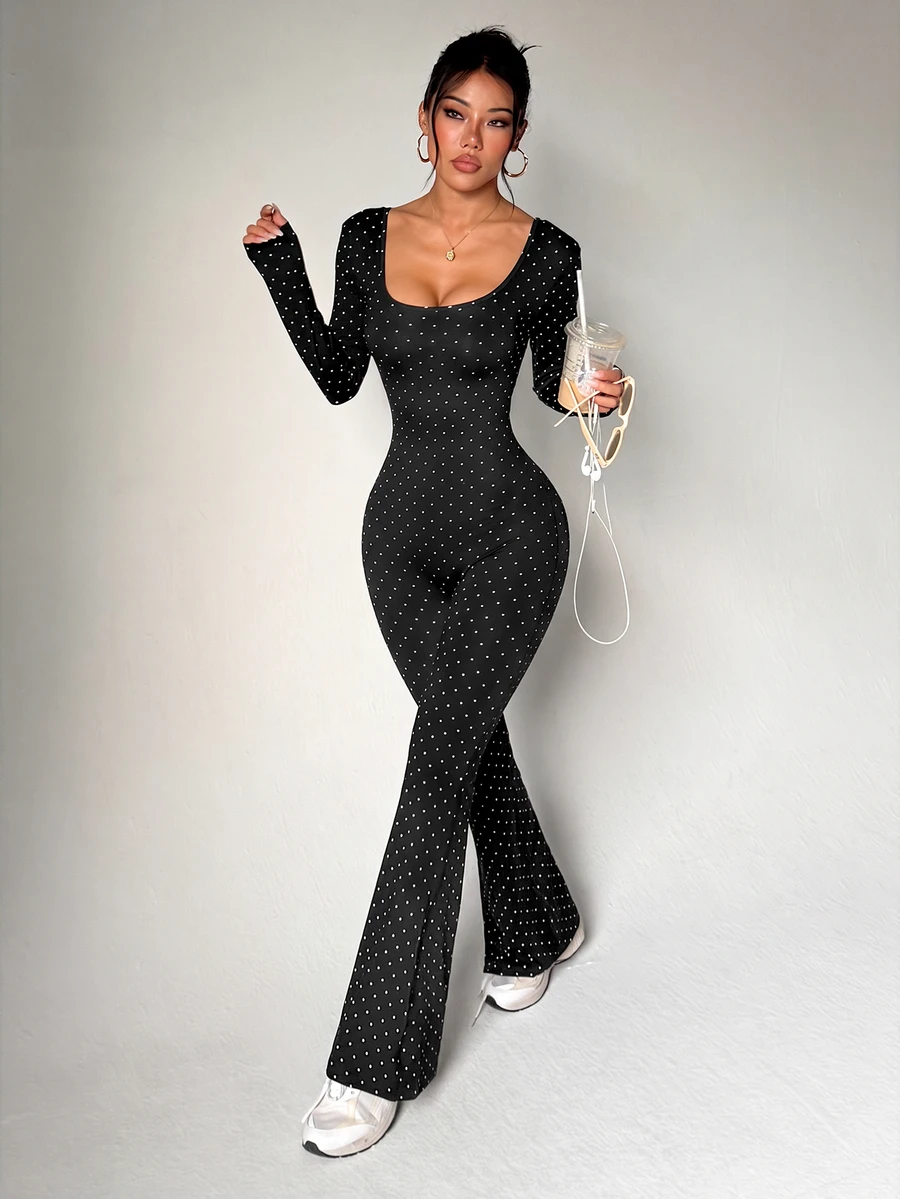 SHEIN Dewbera Women's Polka Dot Print Long Sleeve Flare Leg Jumpsuit - Black - View 1