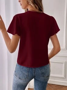 Dayvera 女款純色缺口V領短袖上衣，夏季休閒通勤短袖上衣 - 酒紅色 - 查看 2