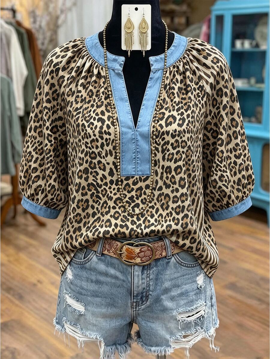 Linhara Fashion Casual Vacation Vintage Elegant Commute 3/4 Sleeve Blue Printed Blouse Fall - Blue - View 1