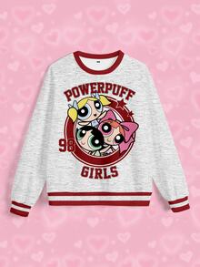 THE POWERPUFF GIRLS X SHEIN Women's Letter Cartoon Print Crew Neck Long Sleeve Sweatshirt - White - View 8
